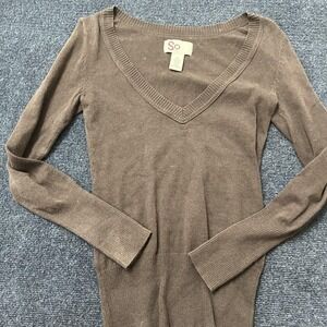 SO Sweater Womens Medium Brown V Neck Long Sleeve Ribbed Hem Pullover Knit